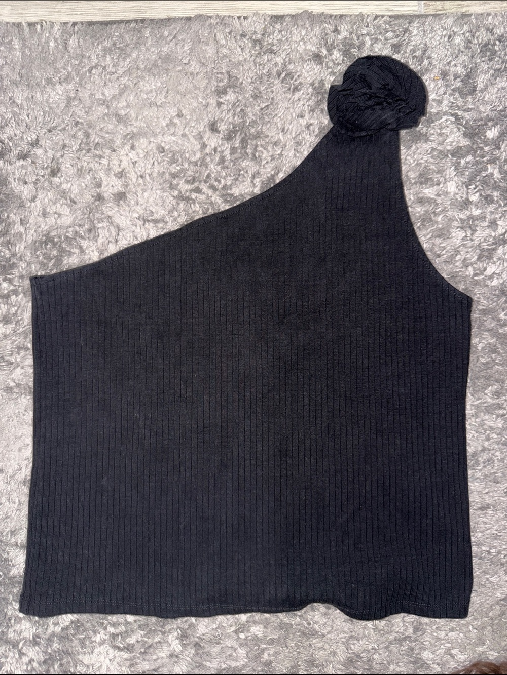 American Eagle Outfitters Black One-Shoulder Ribbed Tank with Rosette Strap